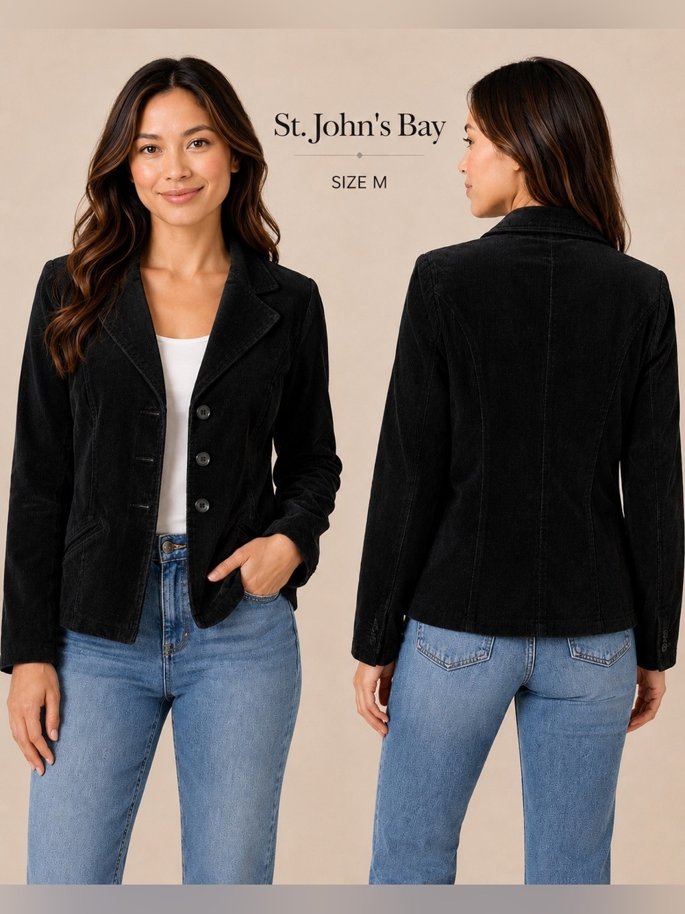 ST JOHN’S BAY Women's Black Corduroy blazer stretch cotton Jacket/size M